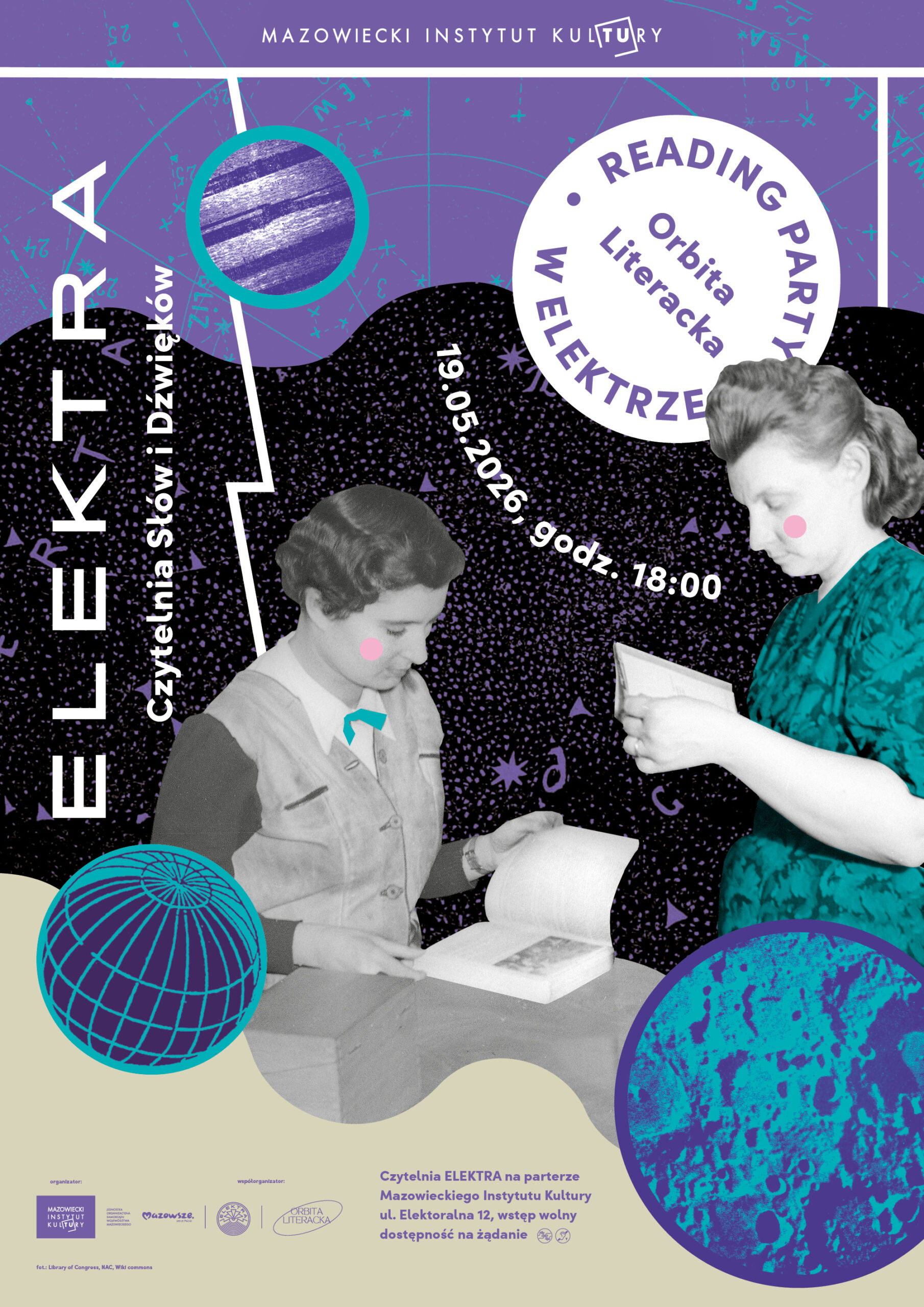 Plakat promujący wydarzenie Orbita Literacka Reading Party w Elektrze